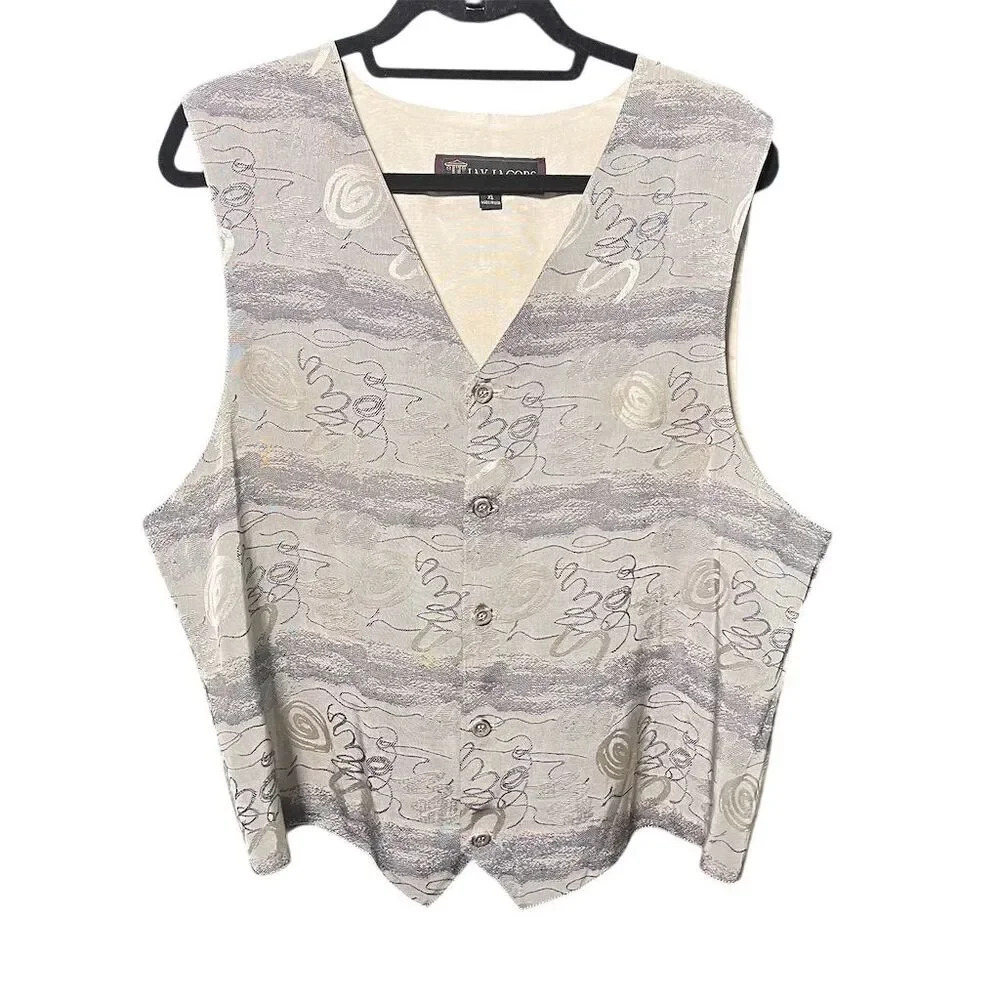Unisex Silver Geometric Formal Vintage Silk Vest XL V-Neck Button Closure